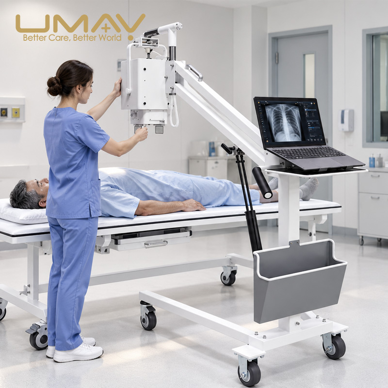 Portable digital X-ray system used for patient radiography in a hospital imaging room