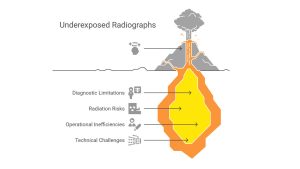 Infographic depicting the impact of underexposed radiographs, highlighting diagnostic limitations, radiation risks, operational inefficiencies, and technical challenges.