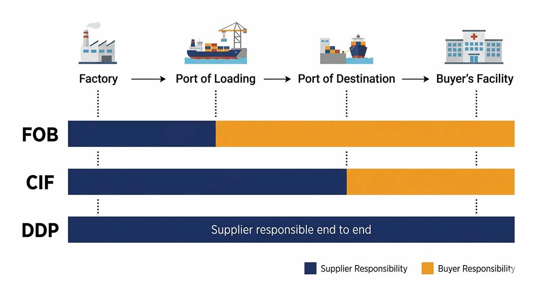 Incoterms comparison diagram for medical equipment procurement showing FOB supplier responsibility from factory to port of loading with buyer managing freight beyond, CIF supplier responsibility extending to port of destination, and DDP supplier responsible end to end from factory to buyer's facility