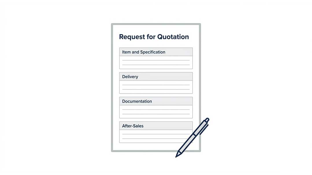 Flat illustration of a Request for Quotation form for medical equipment procurement showing four sections: Item and Specification, Delivery, Documentation, and After-Sales, with a pen resting at the bottom right corner