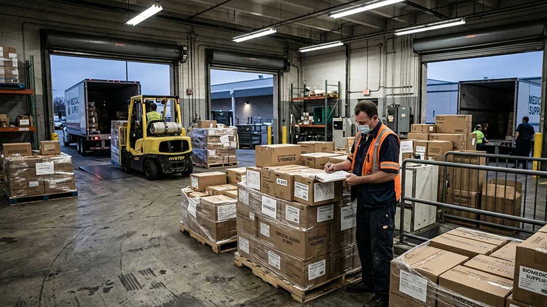 Logistics worker verifying medical supply shipment against a manifest clipboard at a hospital receiving bay, with pallets of boxed syringes and surgical gloves in the foreground