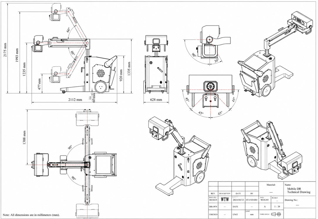UMDRXY004 mobile digital X-ray machine technical drawing with dimensions and rotation angles