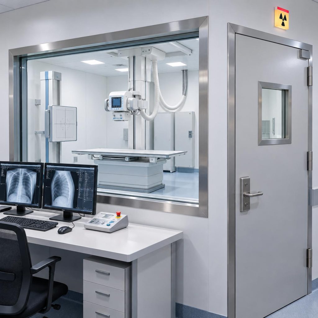 Lead glass observation window and lead-lined door for X-ray room radiation shielding