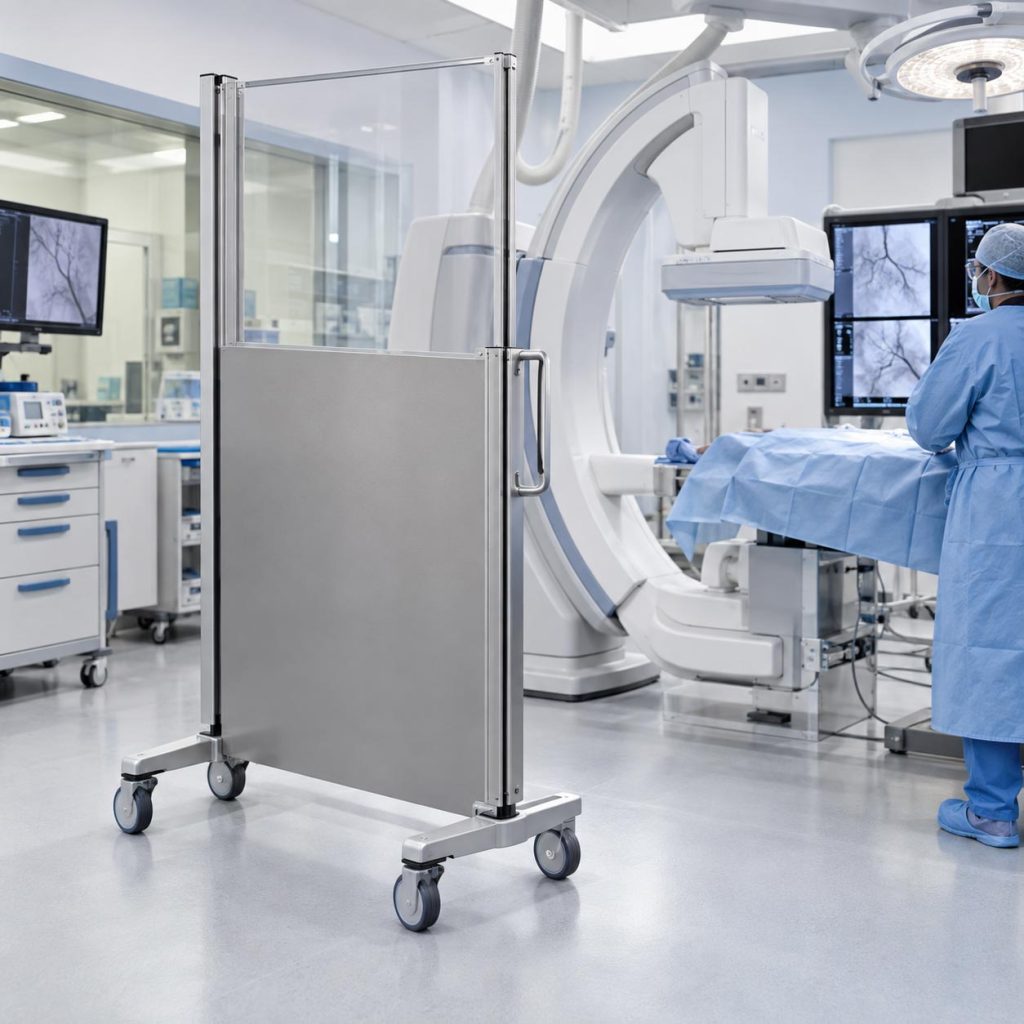 Mobile lead radiation protection screen used in an interventional X-ray room