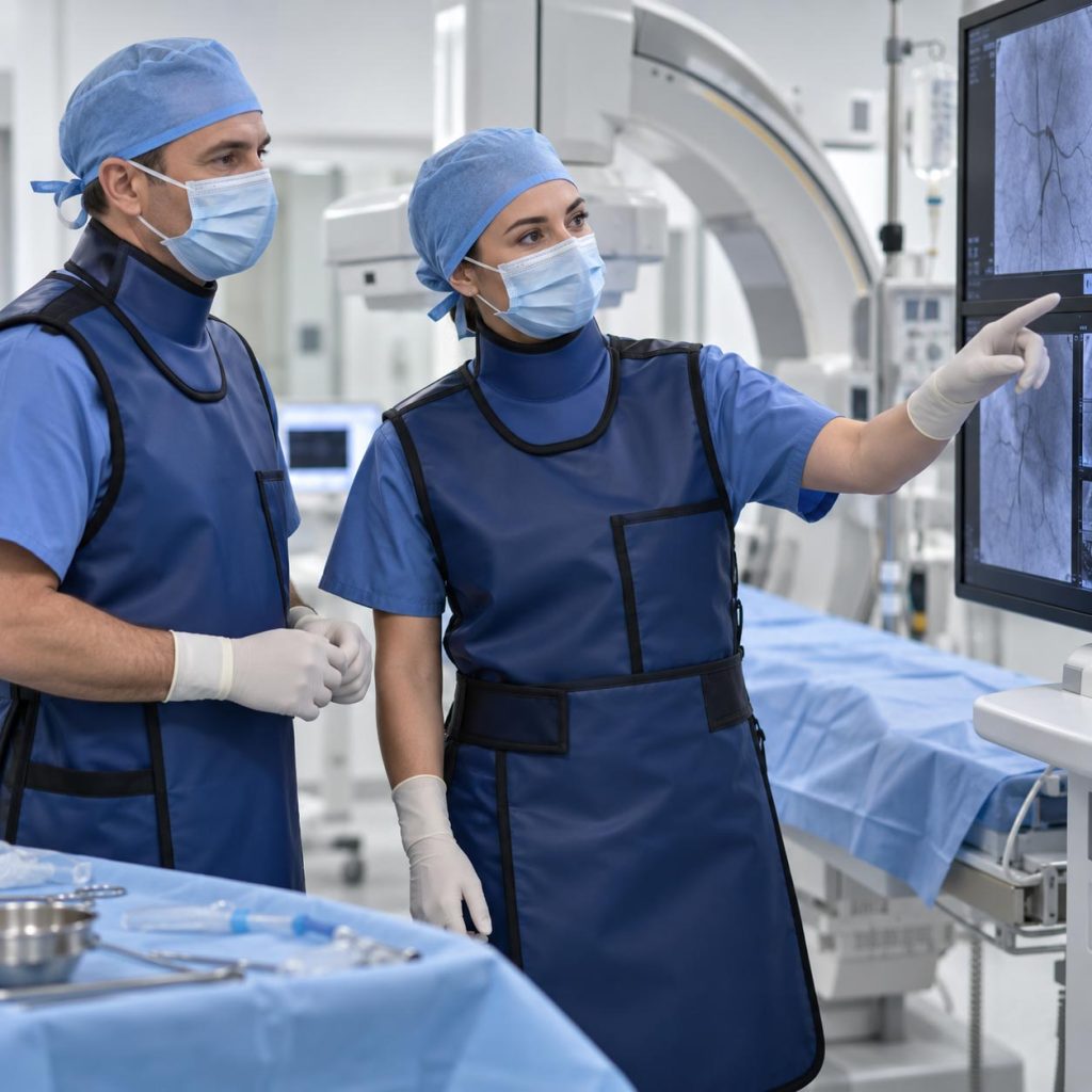 Medical staff wearing lead aprons and thyroid protection during X-ray procedures