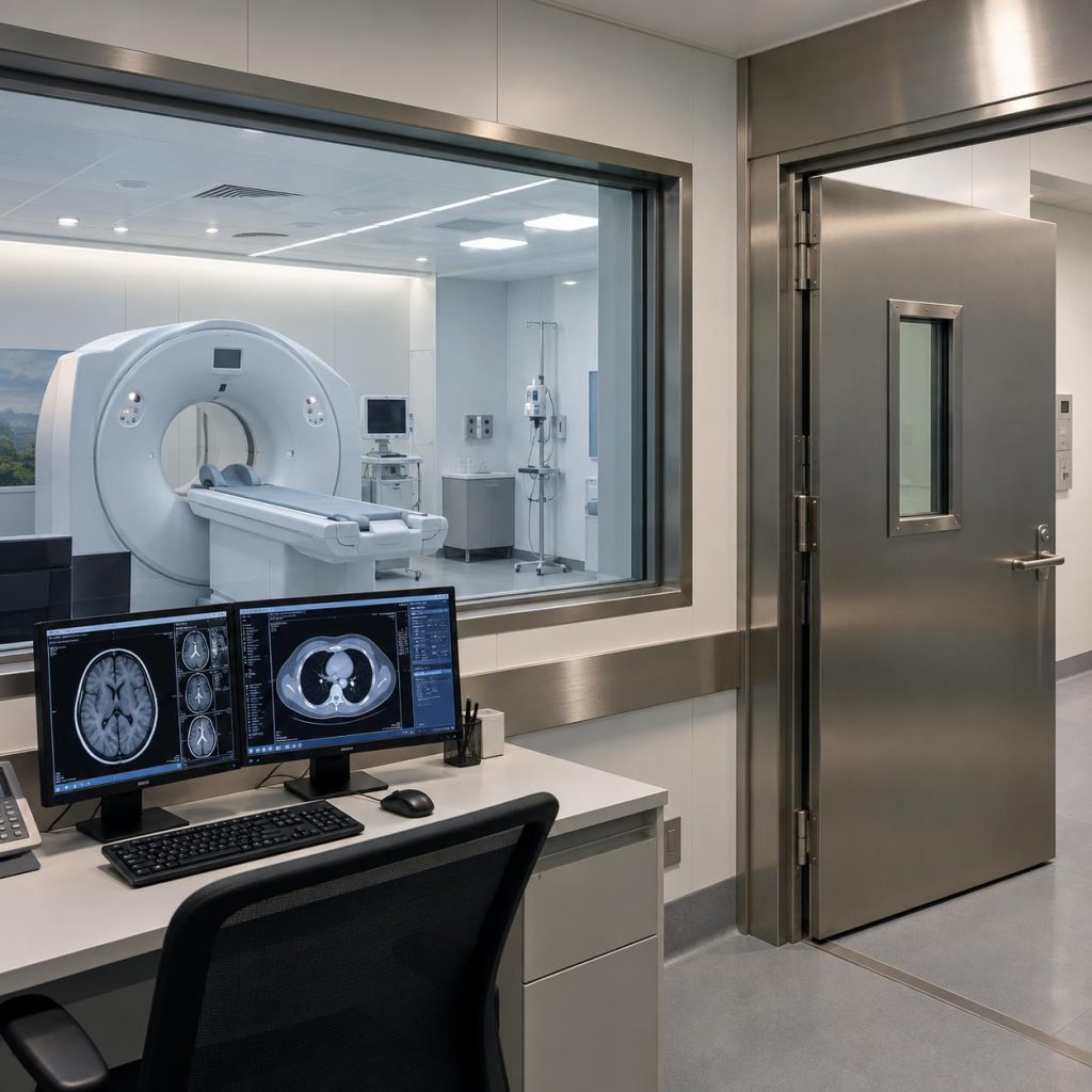 X-ray room radiation shielding with protective walls, lead glass and lead-lined door