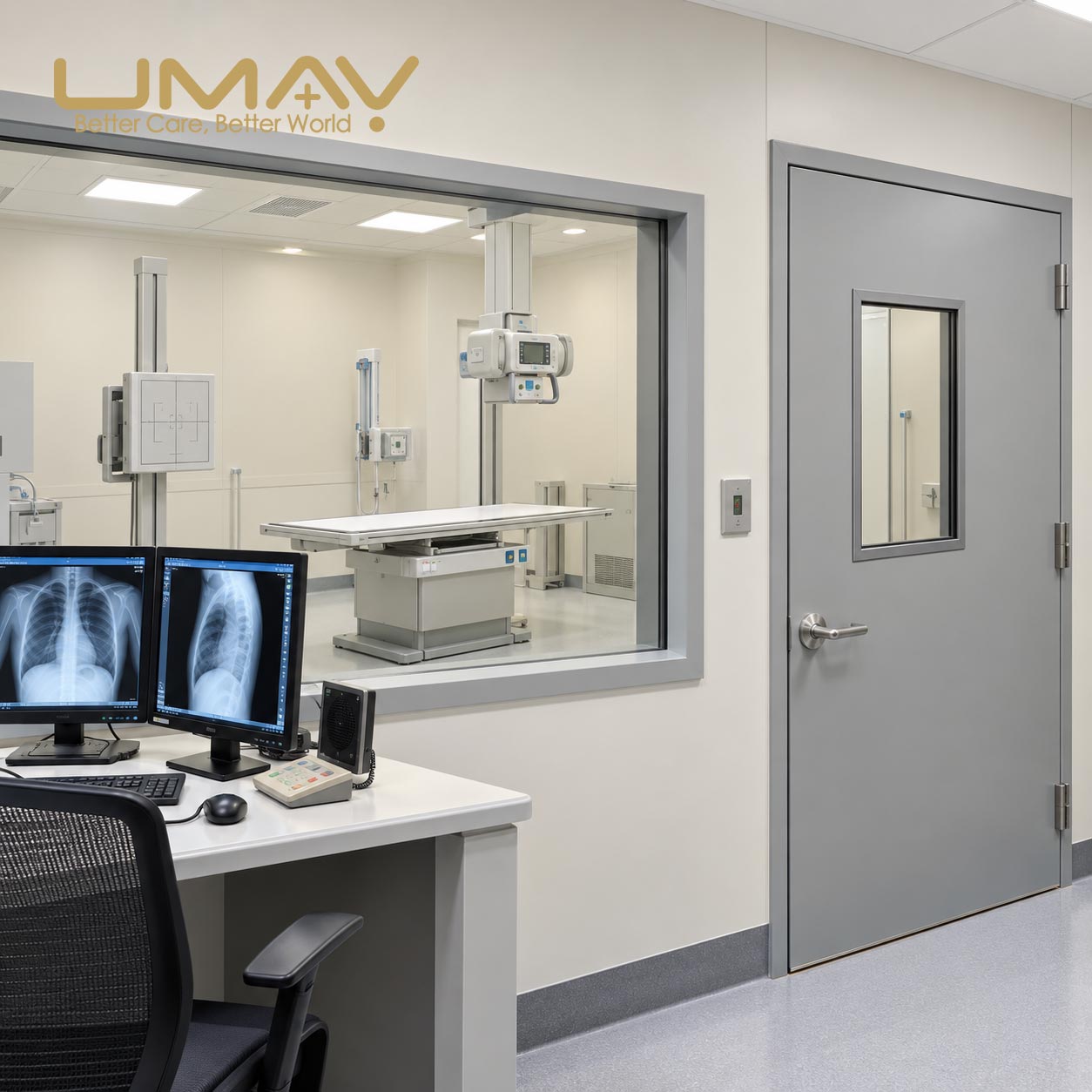 Completed X-ray room with lead glass window and lead-lined protective door