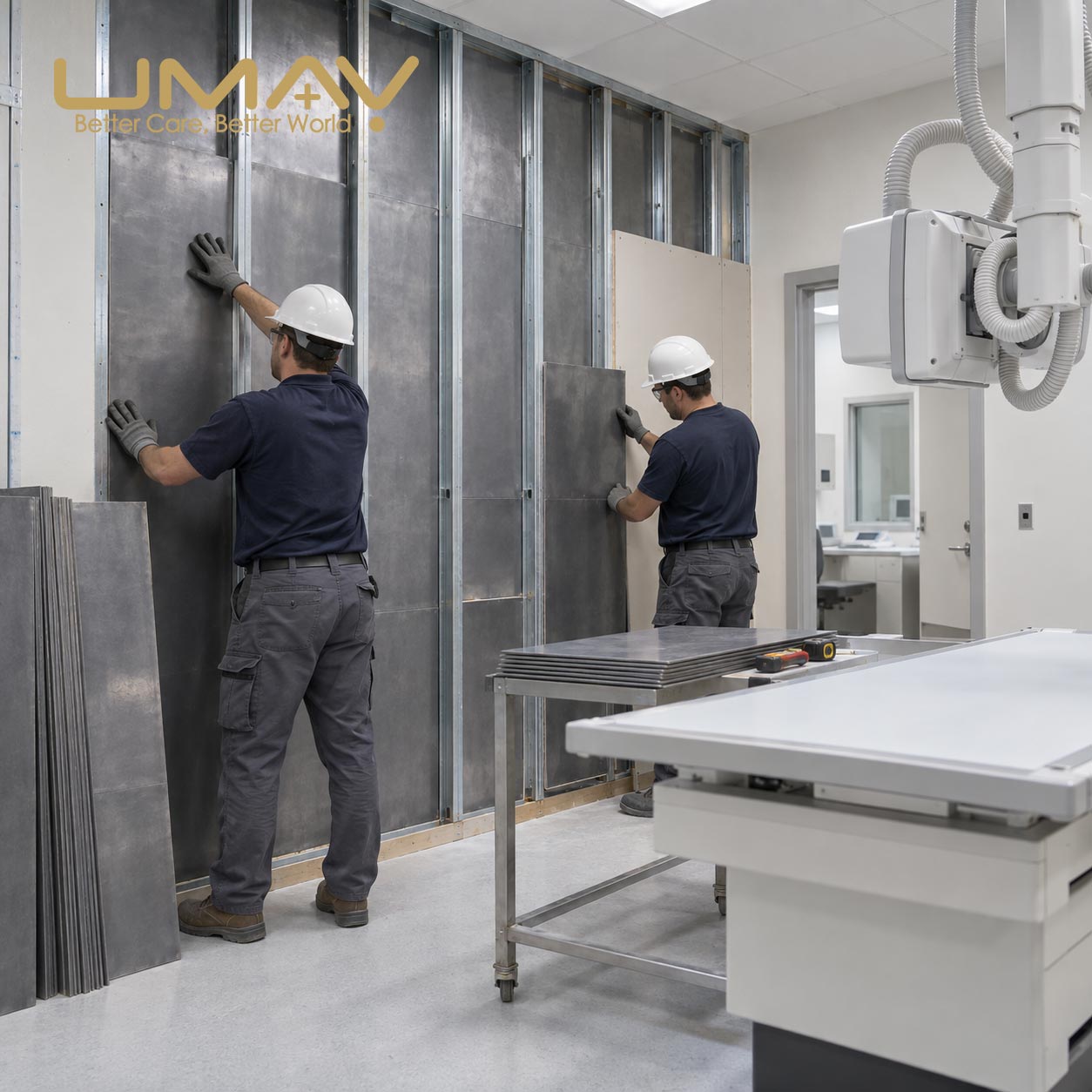 Lead sheet installation inside an X-ray room wall for radiation shielding