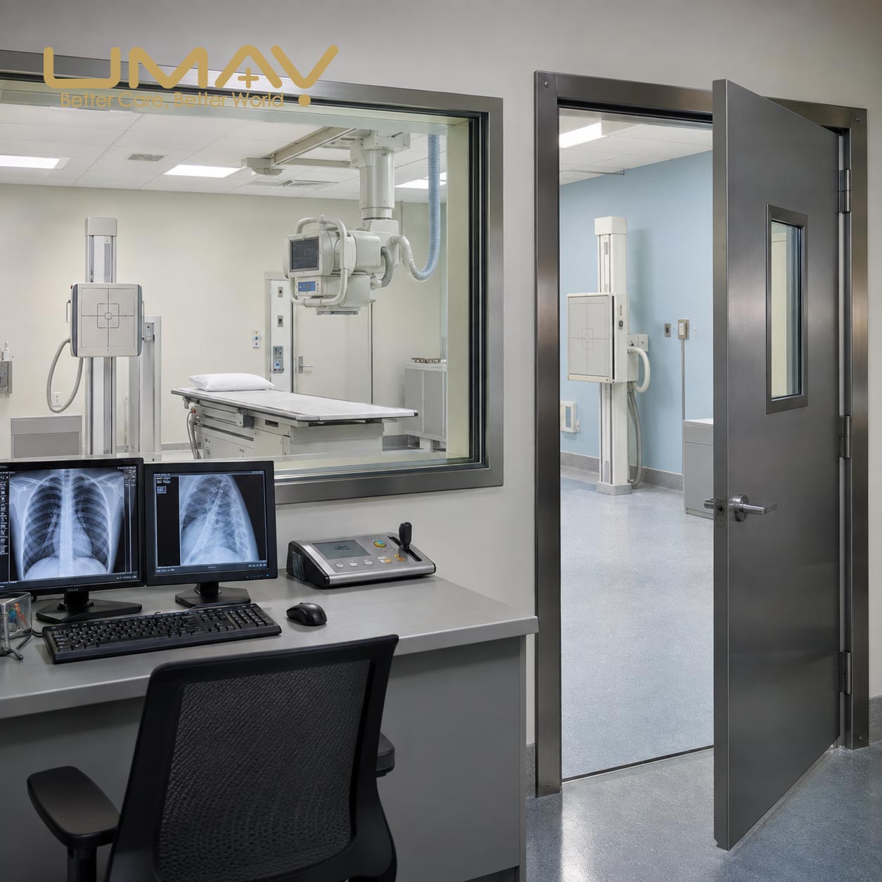 X-ray room with lead glass observation window and lead-lined shielding door
