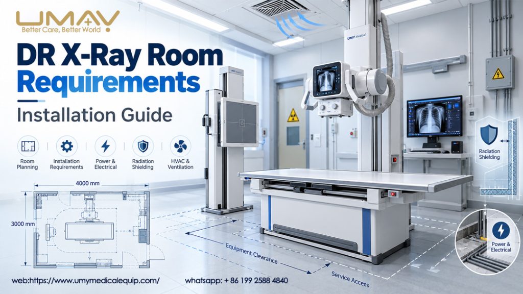 DR X-ray room installation and planning guide showing a digital radiography system, room layout, electrical requirements, radiation shielding and ventilation – UMY Medical