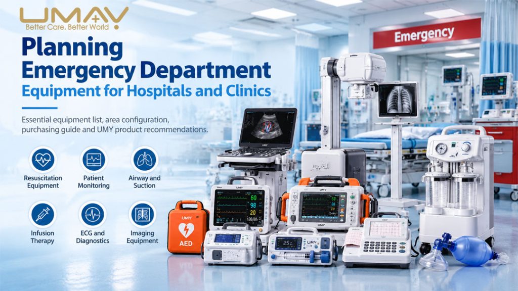 Emergency department equipment for hospitals and clinics featuring UMY Medical mobile X-ray, ultrasound and medical suction systems